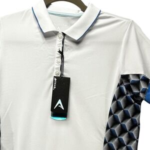 Antigua Polo Shirt Tiki Womens M White Blue Geometric Performance Preppy